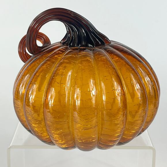 Mouth Blown Amber Art Glass Pumpkin Orange Crackle Curly Stem Handmade Handblown - Picture 3 of 12